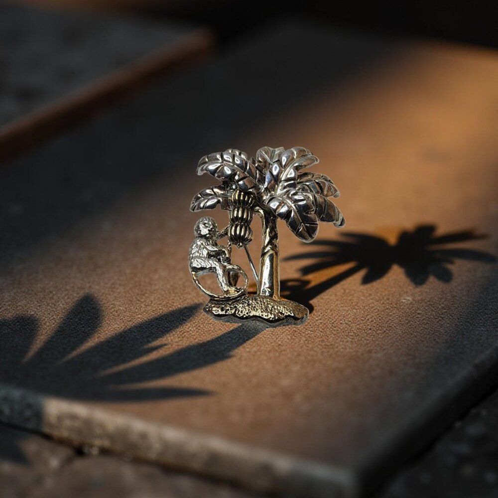 Vintage MJ Silver / Gold-Tone Monkey & Banana Tree Brooch Pin / Pendant